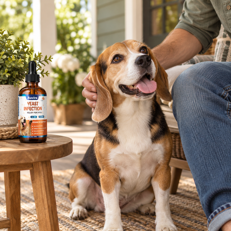 Illustrative Auvira dog drops lifestyle photo — ear