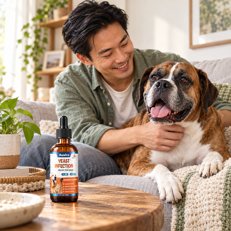Illustrative Auvira dog drops lifestyle photo — sofa