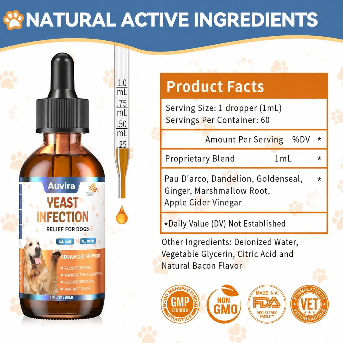 Auvira dog drops product facts