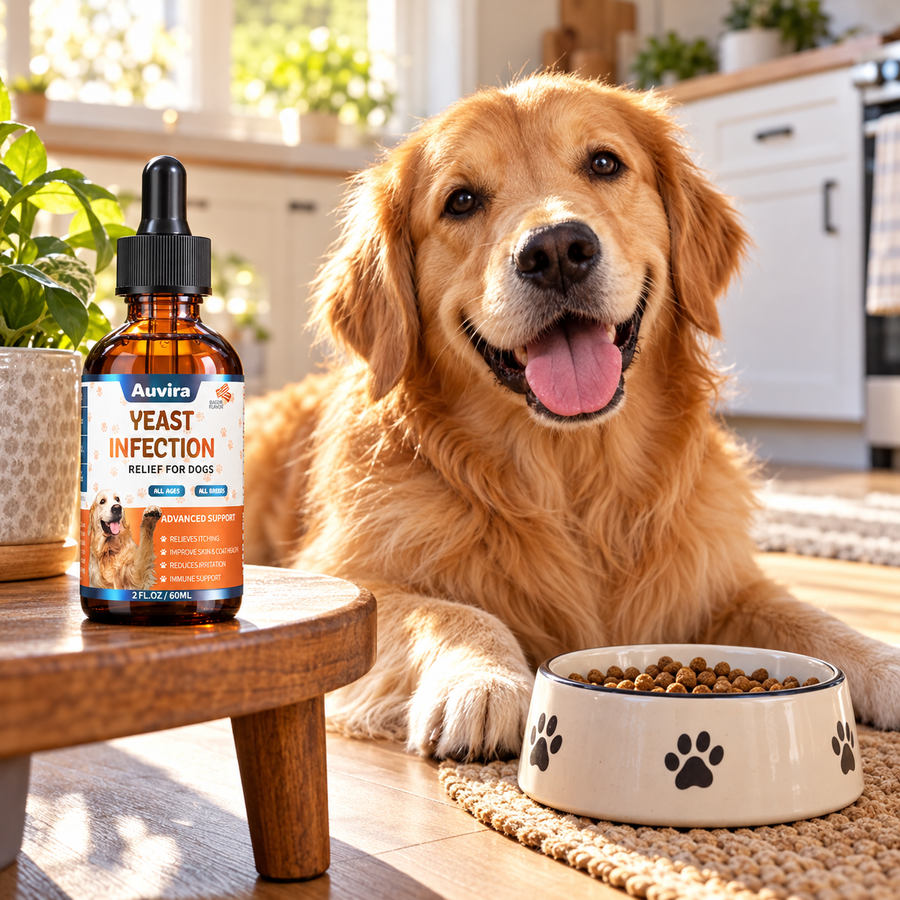 Illustrative Auvira dog drops lifestyle photo — retriever