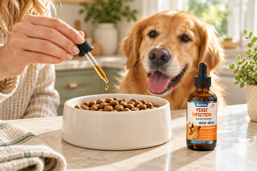 Auvira drops beside a dog's daily meal