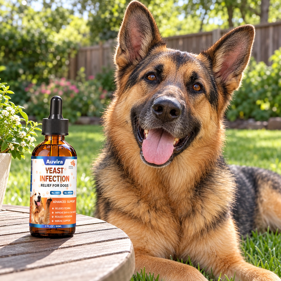 Illustrative Auvira dog drops lifestyle photo — shepherd