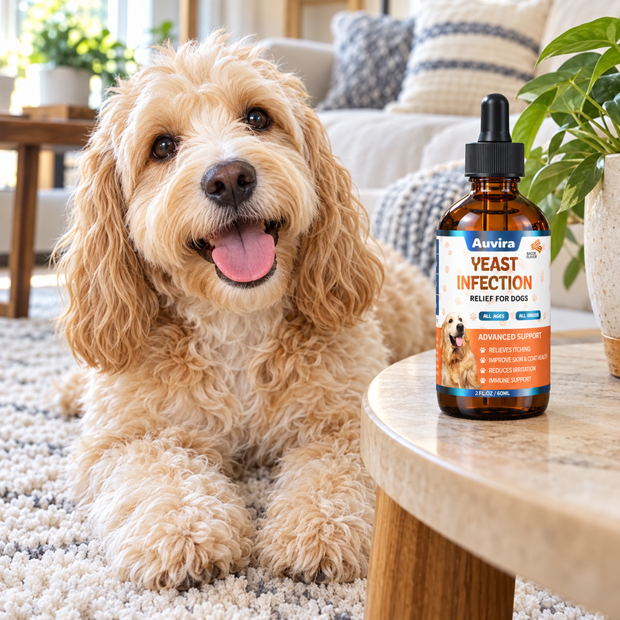 Illustrative Auvira dog drops lifestyle photo — spaniel