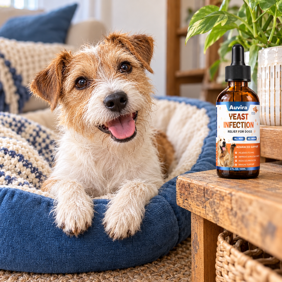 Illustrative Auvira dog drops lifestyle photo — terrier
