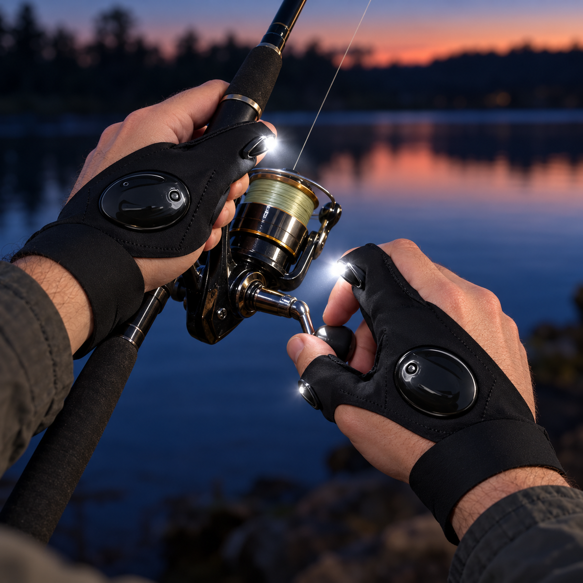 Hands wearing LED finger flashlight gloves adjusting a fishing reel at dusk